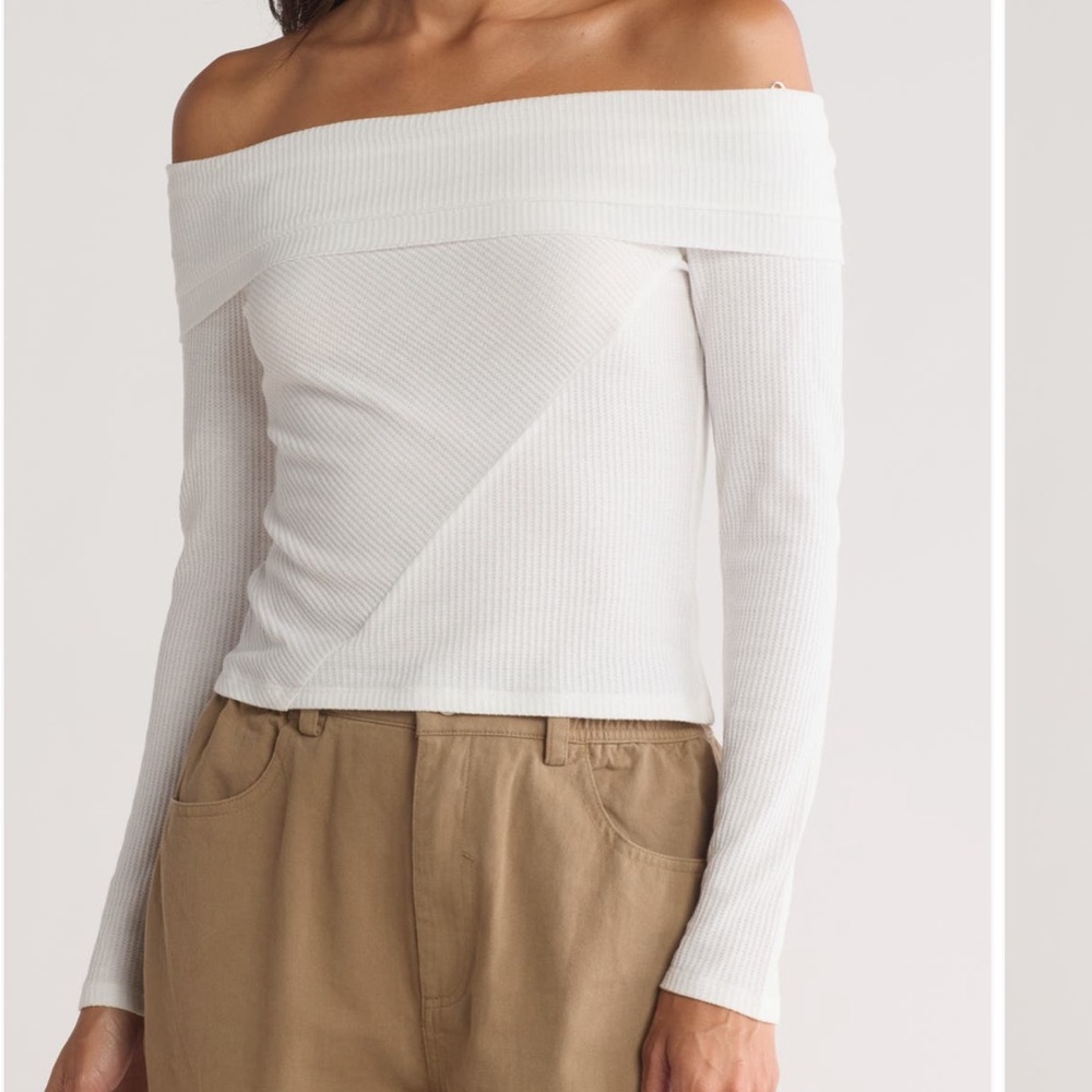 NWOT Elodie White Off The Shoulder Waffle Knit Top Cropped S - Picture 12 of 12